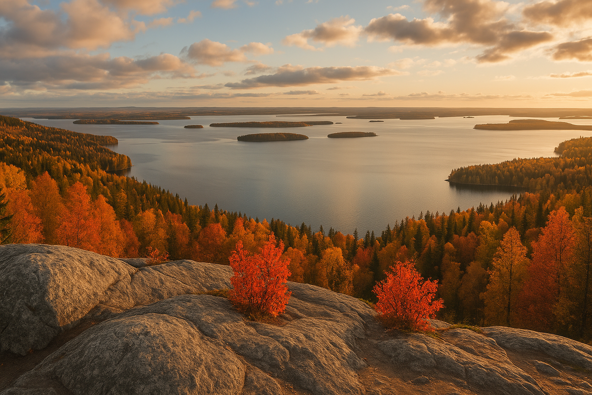 A panoramic autumn view from Koli over lakes and islands framed by bright ruska forests.
