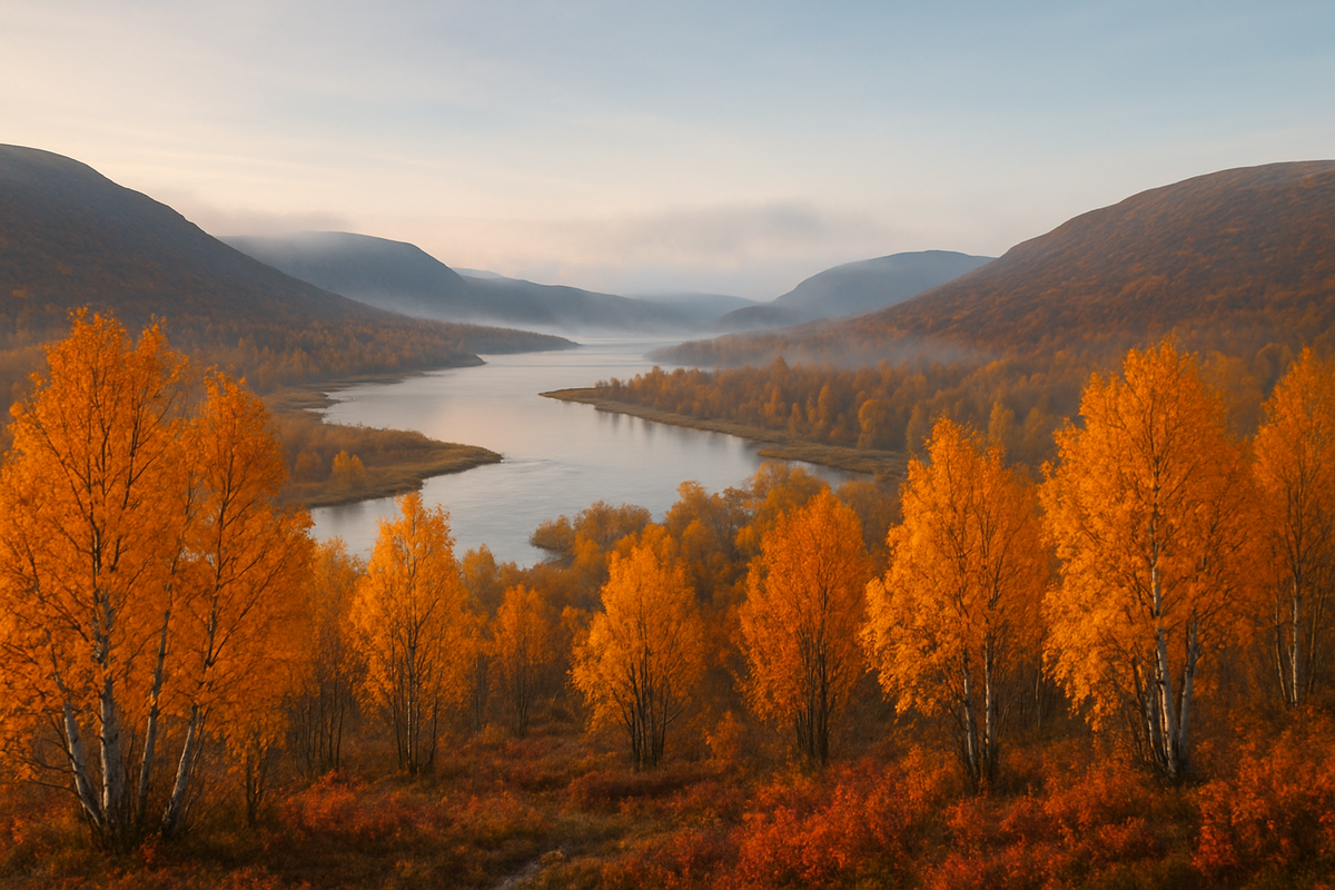 A misty Lapland valley with bright yellow and orange trees and a winding river in peak ruska.