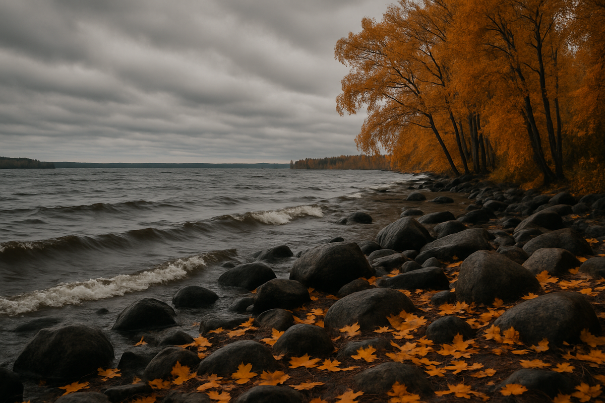 A windy autumn lakeshore in Finland with waves, grey clouds and bright yellow leaves on the rocks.