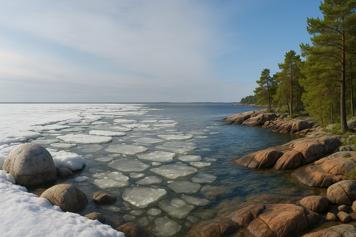 One Finnish Baltic shoreline shown in a wide view changing from icy winter to mild spring and warm summer.