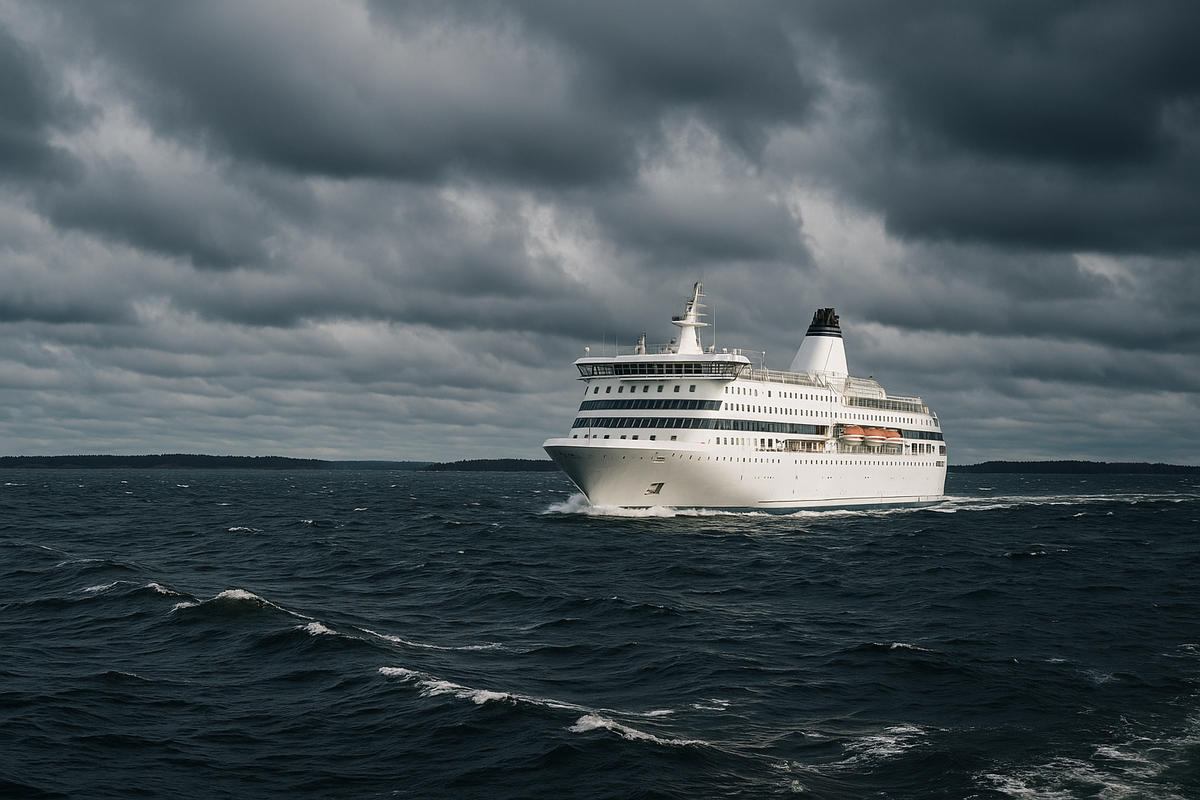 A large white ferry crosses the choppy Baltic Sea near the Finnish coast under dramatic autumn clouds.