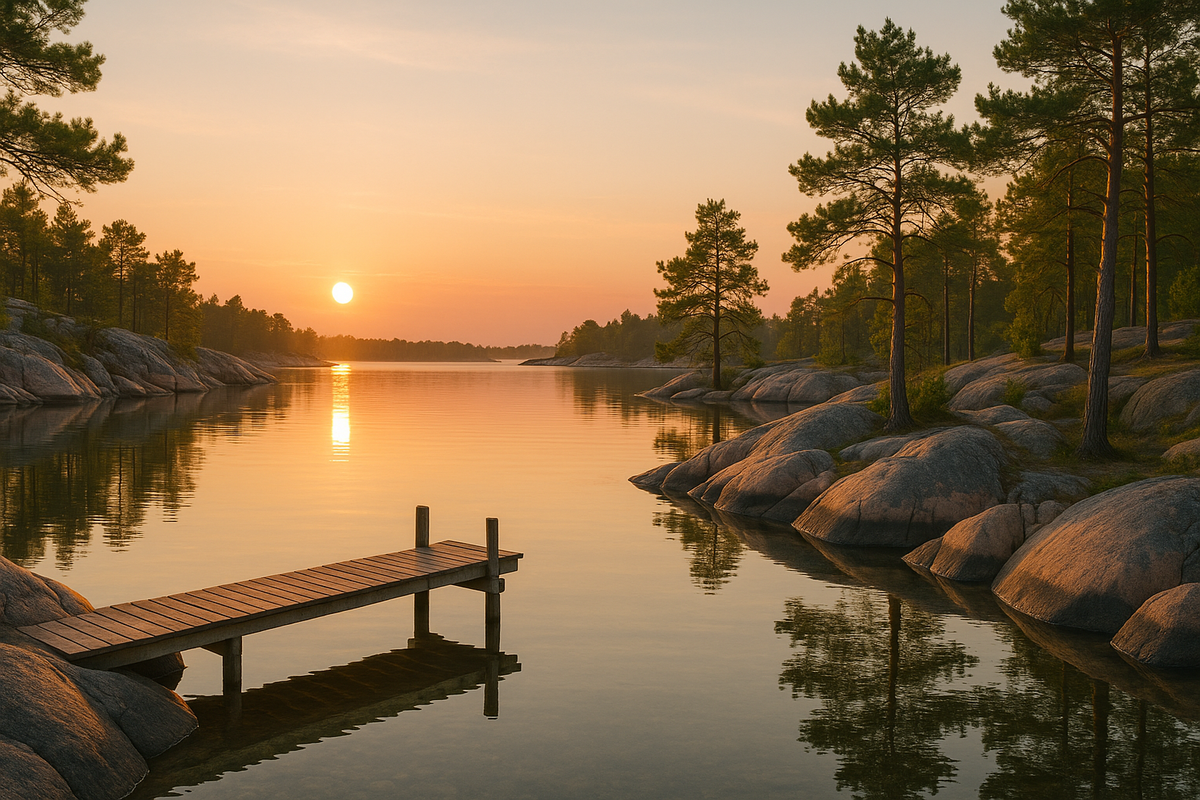 A calm inner bay in the Turku or Åland archipelago with smooth water, a small pier and golden evening light.