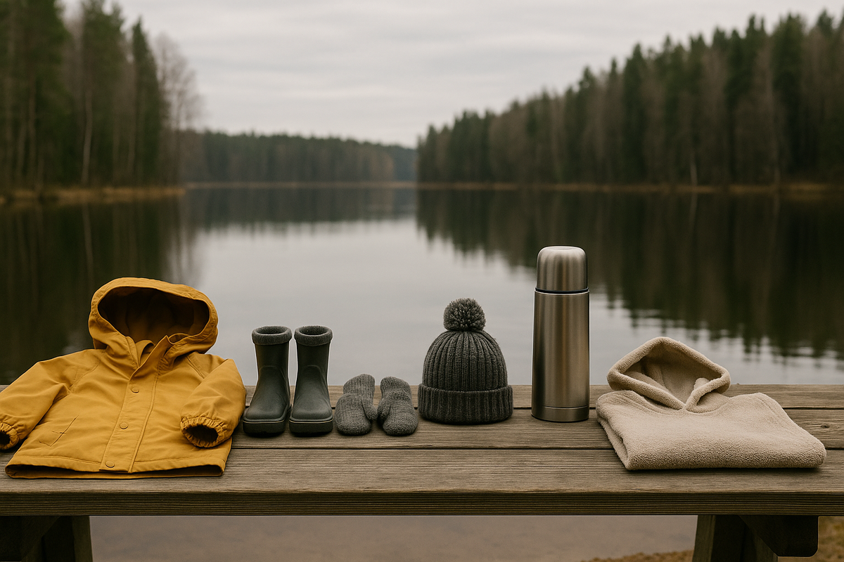 Childrenâs outdoor clothing and a thermos arranged on a bench by a calm Finnish lake.