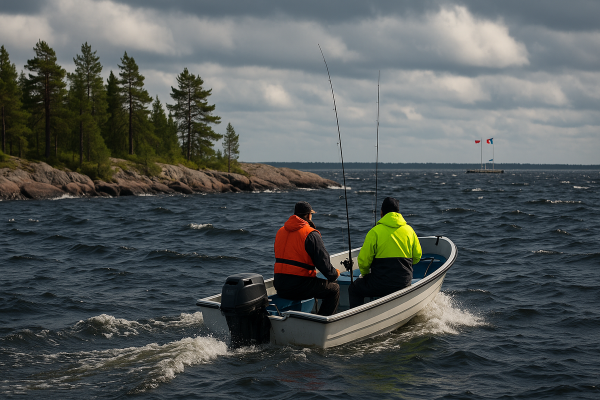 Two anglers in bright life jackets fish from a small boat on a windy Bothnian Bay with low waves and cloudy sky.