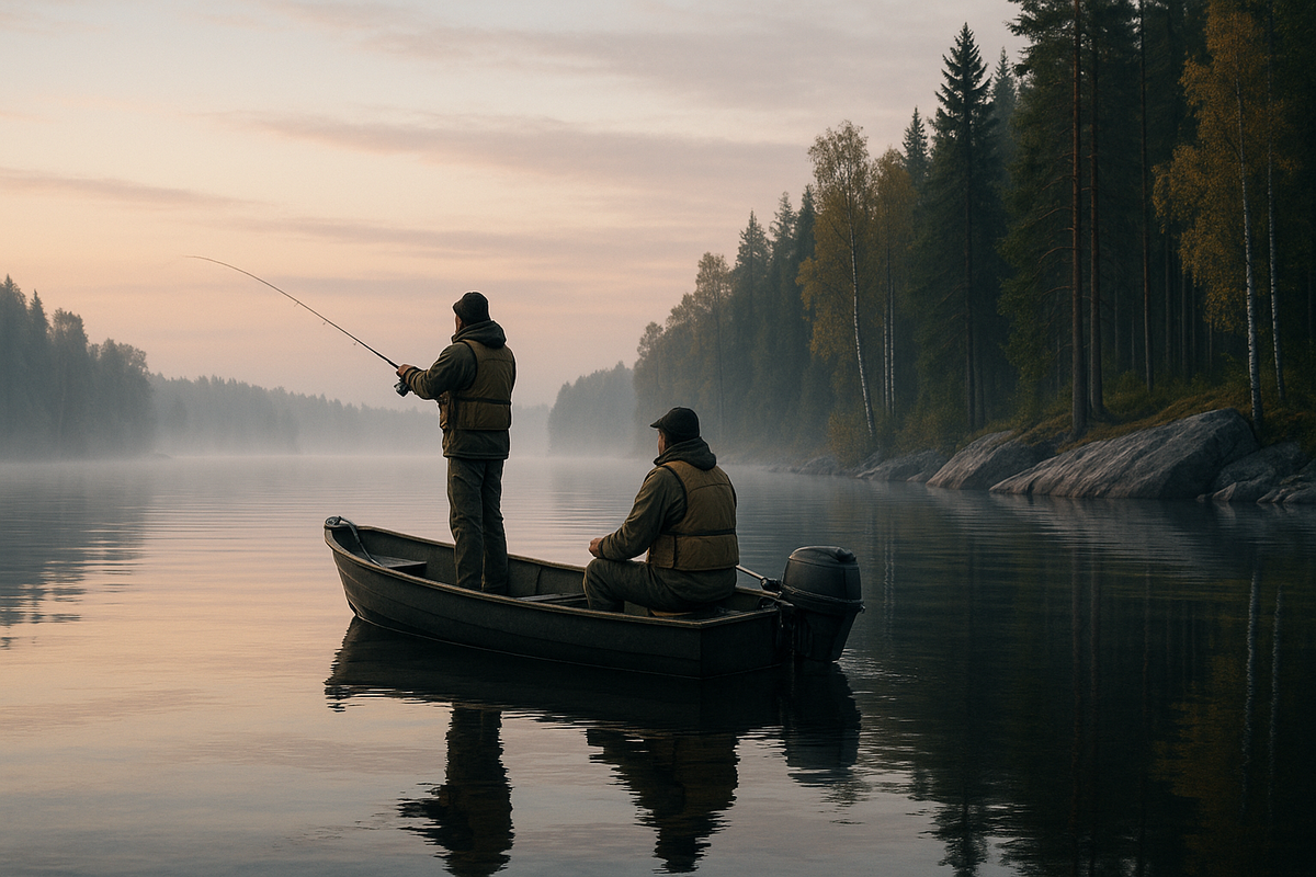 Two anglers in life jackets fish from a small boat on a misty Finnish lake at quiet early morning.