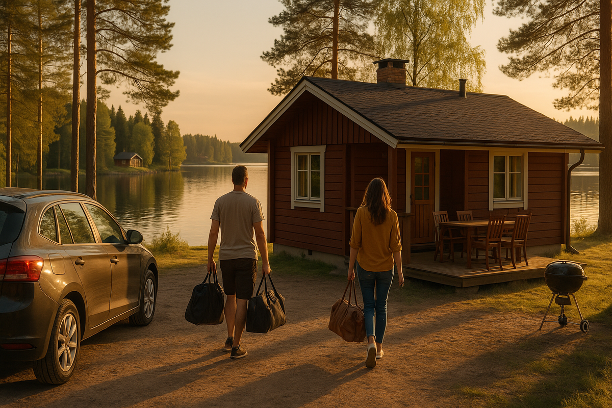 Travellers with bags arrive at a lakeside Finnish cottage in warm evening light by a calm lake.