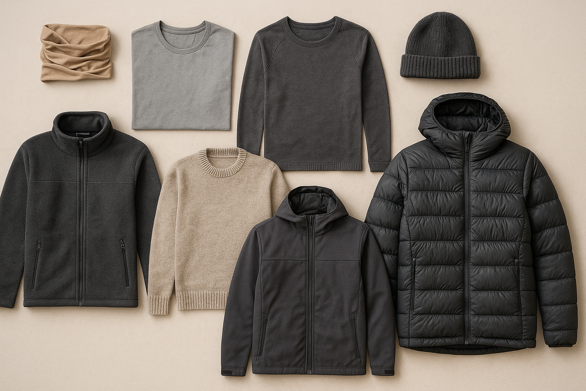 A flatlay of base, mid and outer layers arranged in three rows with a buff and beanie.
