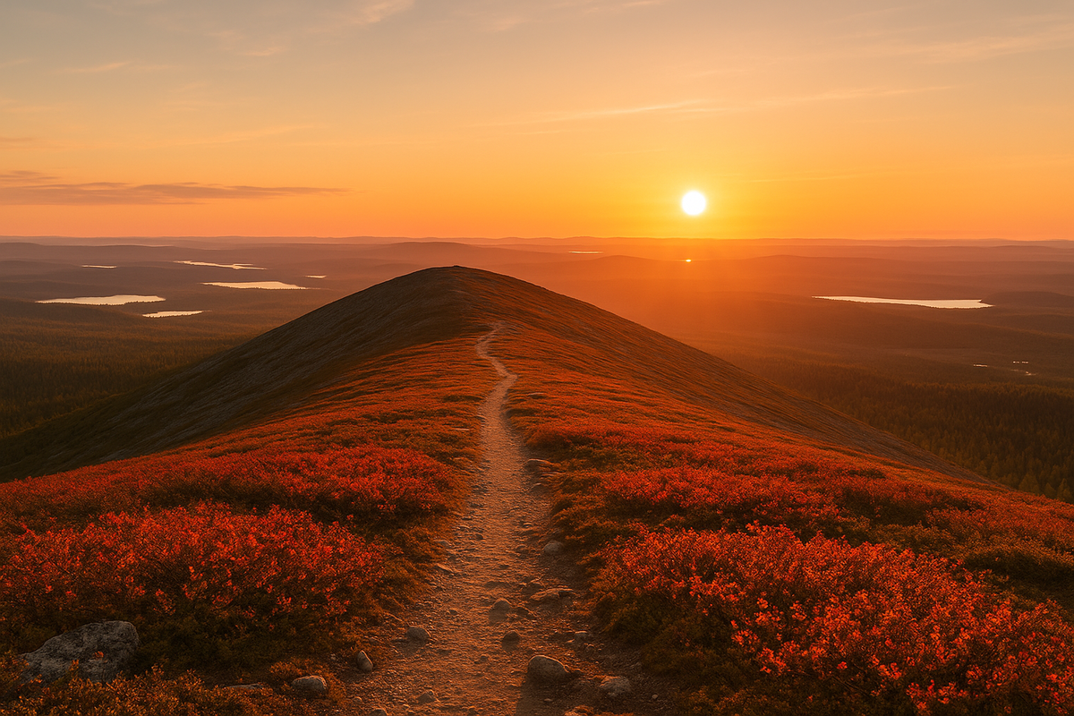 A golden Midnight Sun shining over rolling Lapland fells and lakes during a quiet summer night hike.