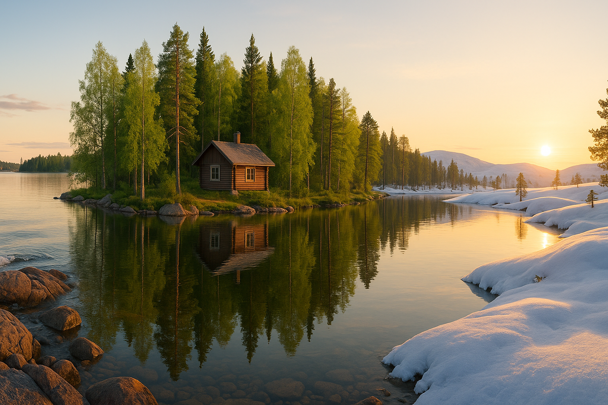 A wide scene combining a rocky Baltic shore near the city, a calm forest lake with a cabin and gentle snowy Lapland hills in one Finnish climate panorama.