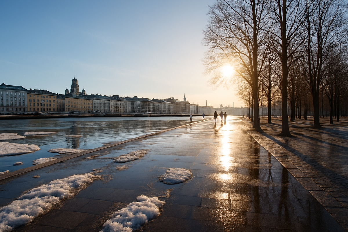 A bright early spring day in Helsinki with melting snow, wet streets and low sun above the harbor.