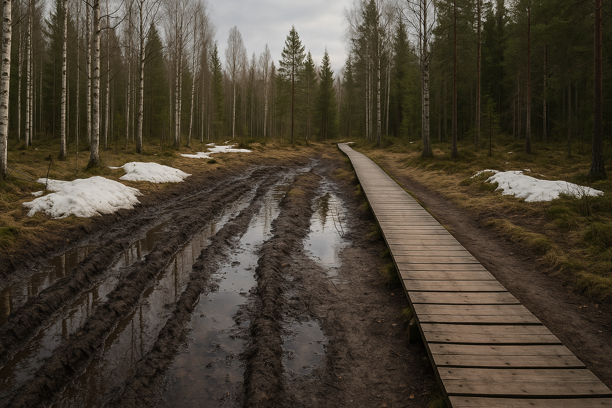 A muddy forest path with wet wooden boardwalks in a Finnish park during spring thaw.