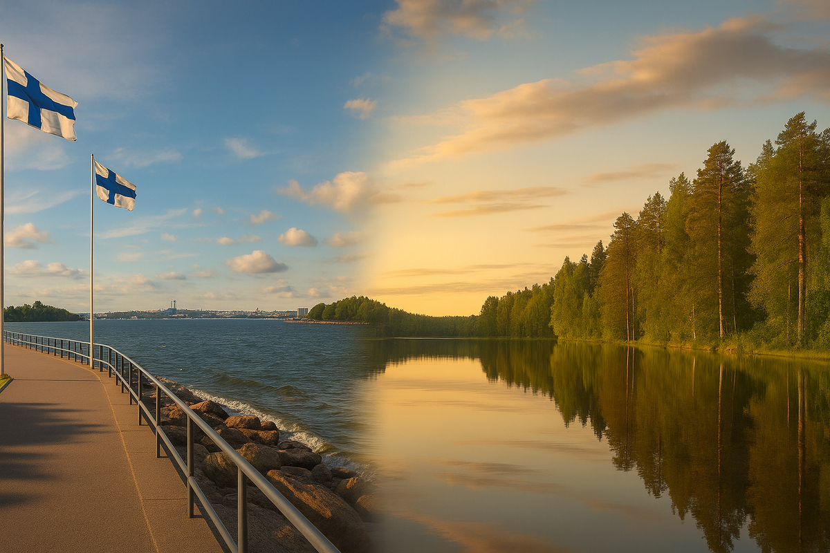 A split-like Finnish scene with a breezy Baltic seafront on one side and a calm warm forest lake on the other.