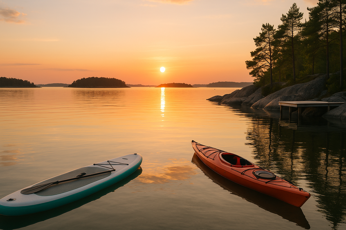 SUP and a kayak resting by a wooden pier in a calm Turku archipelago bay at warm summer sunset.