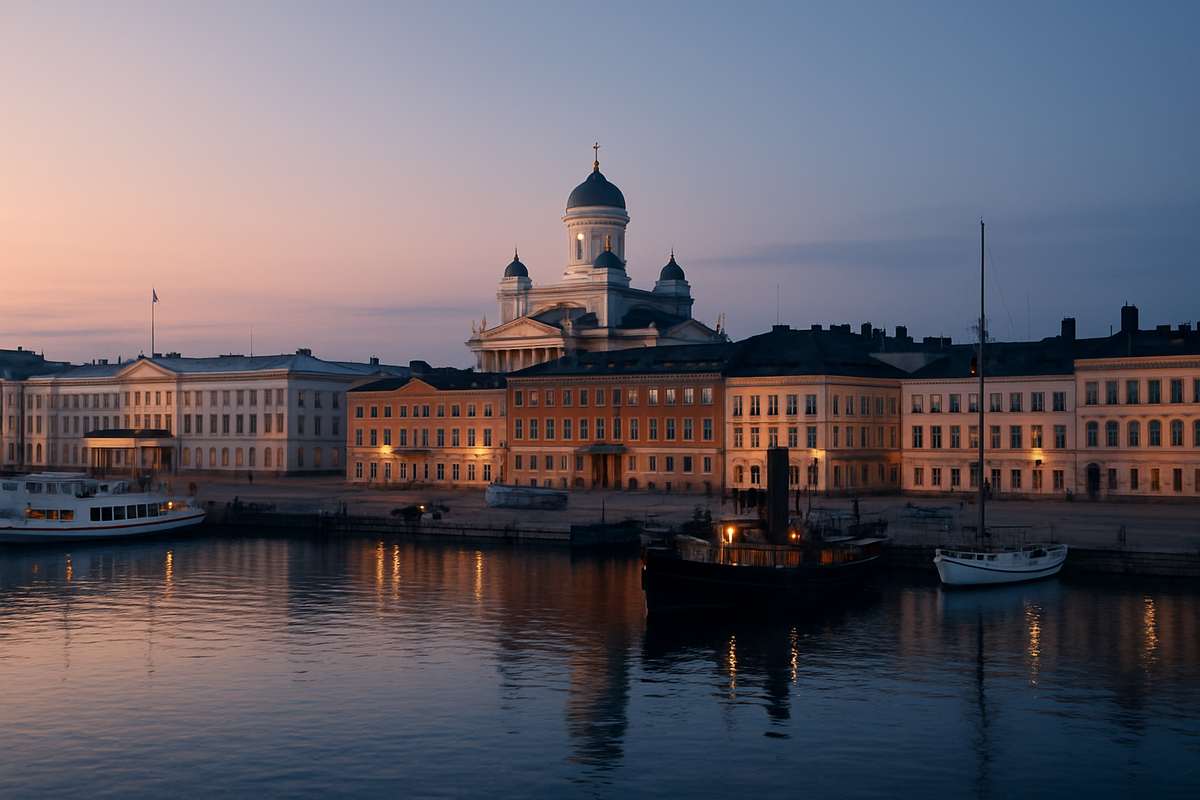 The Helsinki waterfront under a glowing white-night sky, with bright dusk colors reflecting in calm water.