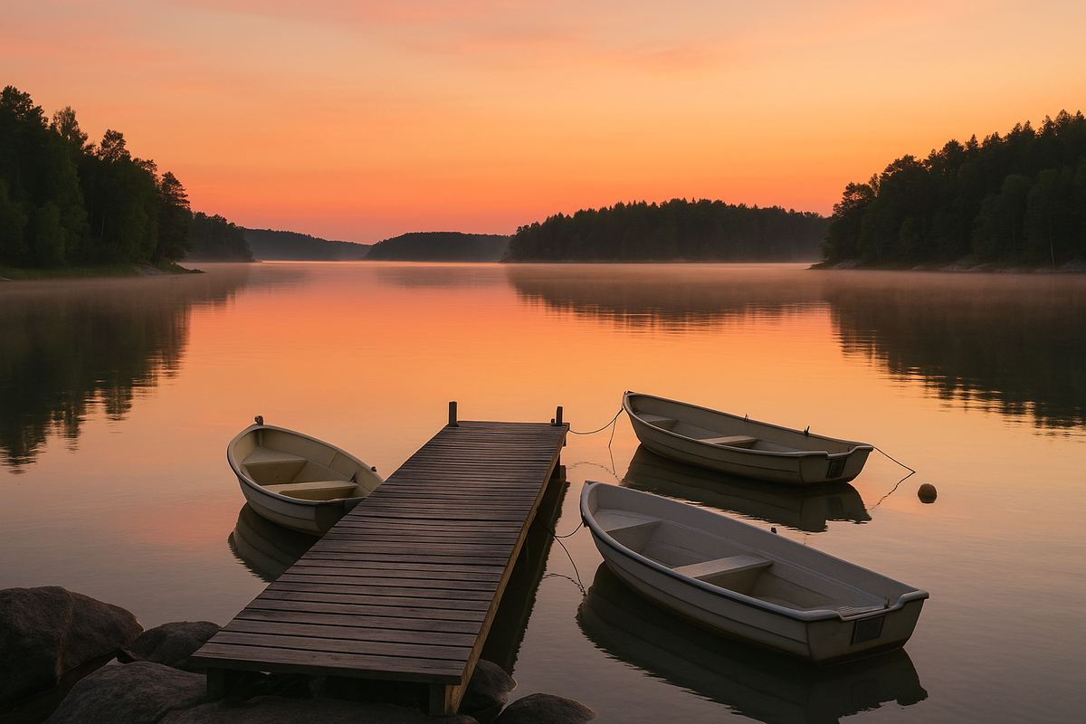 A calm bay in the Turku archipelago on a light summer night with small boats at a wooden pier, glowing sky and forested islands reflected in still water.