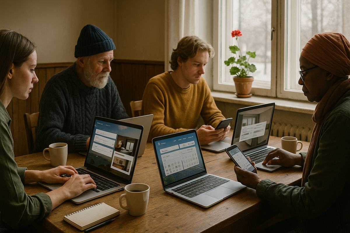 Different types of travellers sit at one table with laptops and phones, comparing dates and prices for trips to Finland.