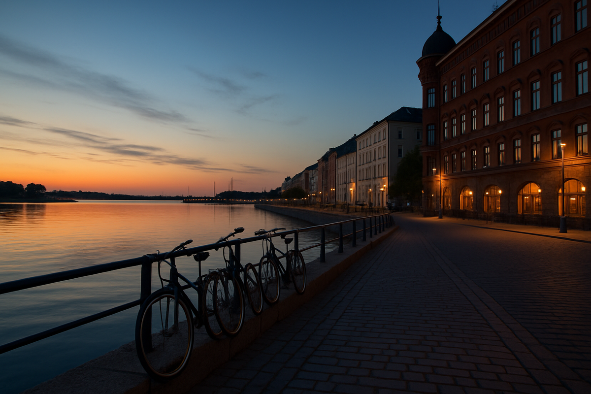 A bright white-night evening on a Helsinki seaside promenade with café lights and glowing sky over calm harbor water.