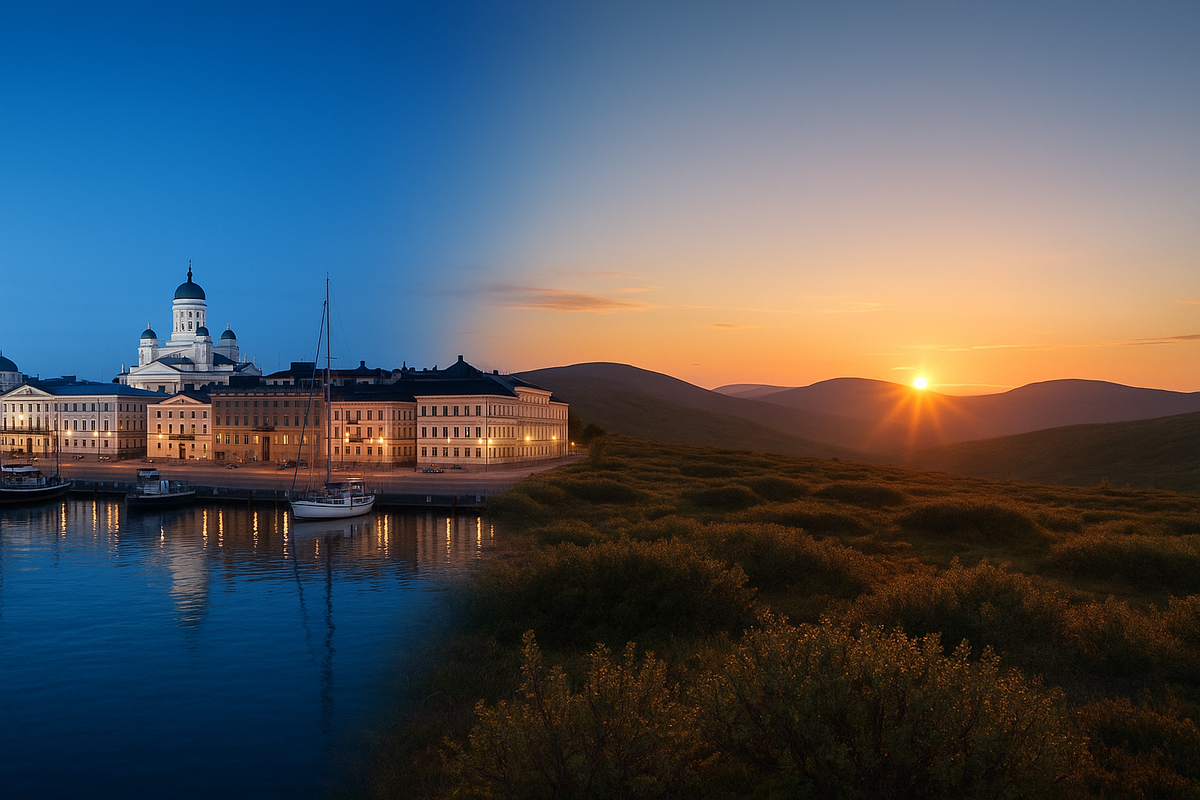 Helsinki white-night waterfront and Lapland fells under Midnight Sun shown together in one wide Finnish summer scene.