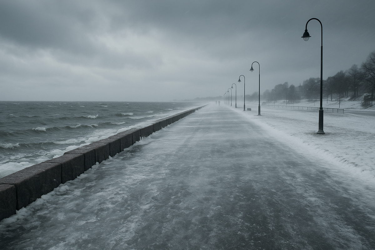 A windy Helsinki seafront with icy pavement and blowing snow beside a grey winter sea.