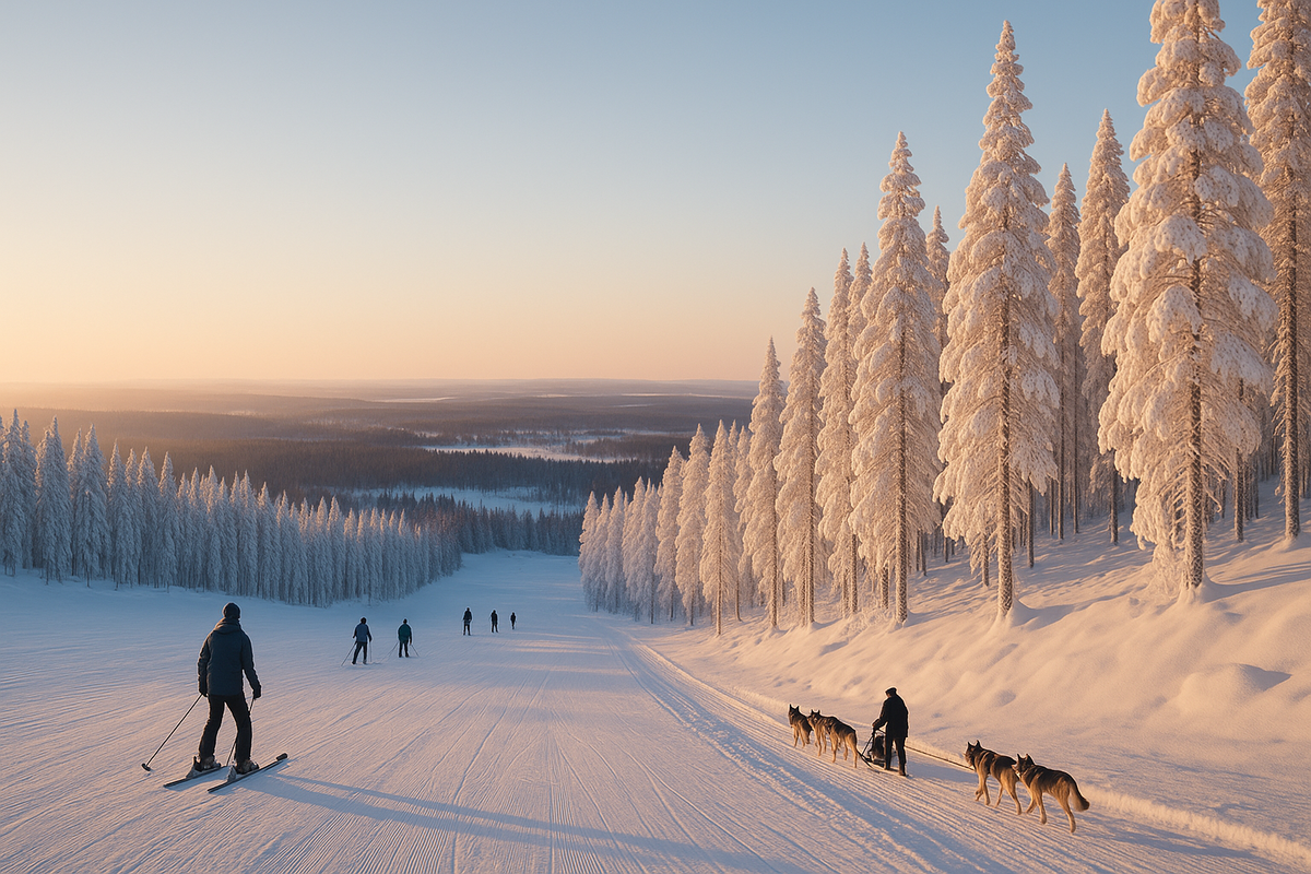 A bright winter scene with a wide ski slope and a husky sled team in snowy Finnish Lapland.
