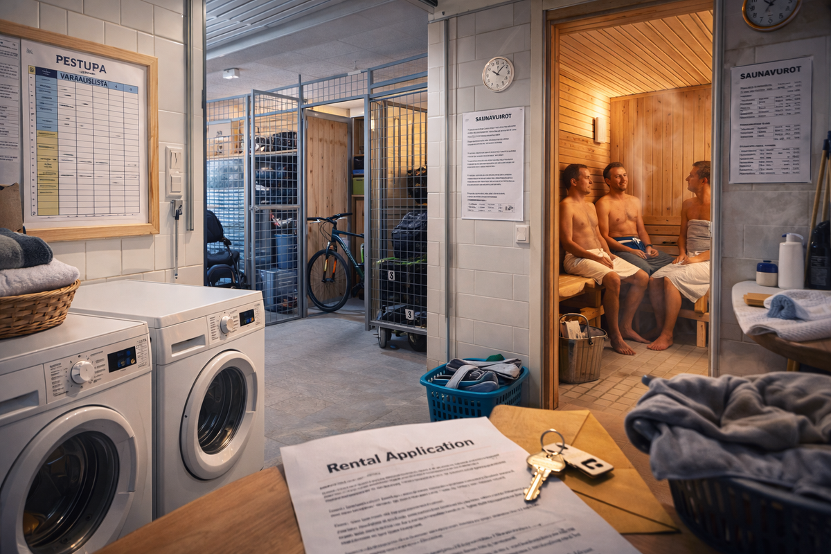 Shared laundry, storage, and sauna spaces show everyday Finnish housing rules.