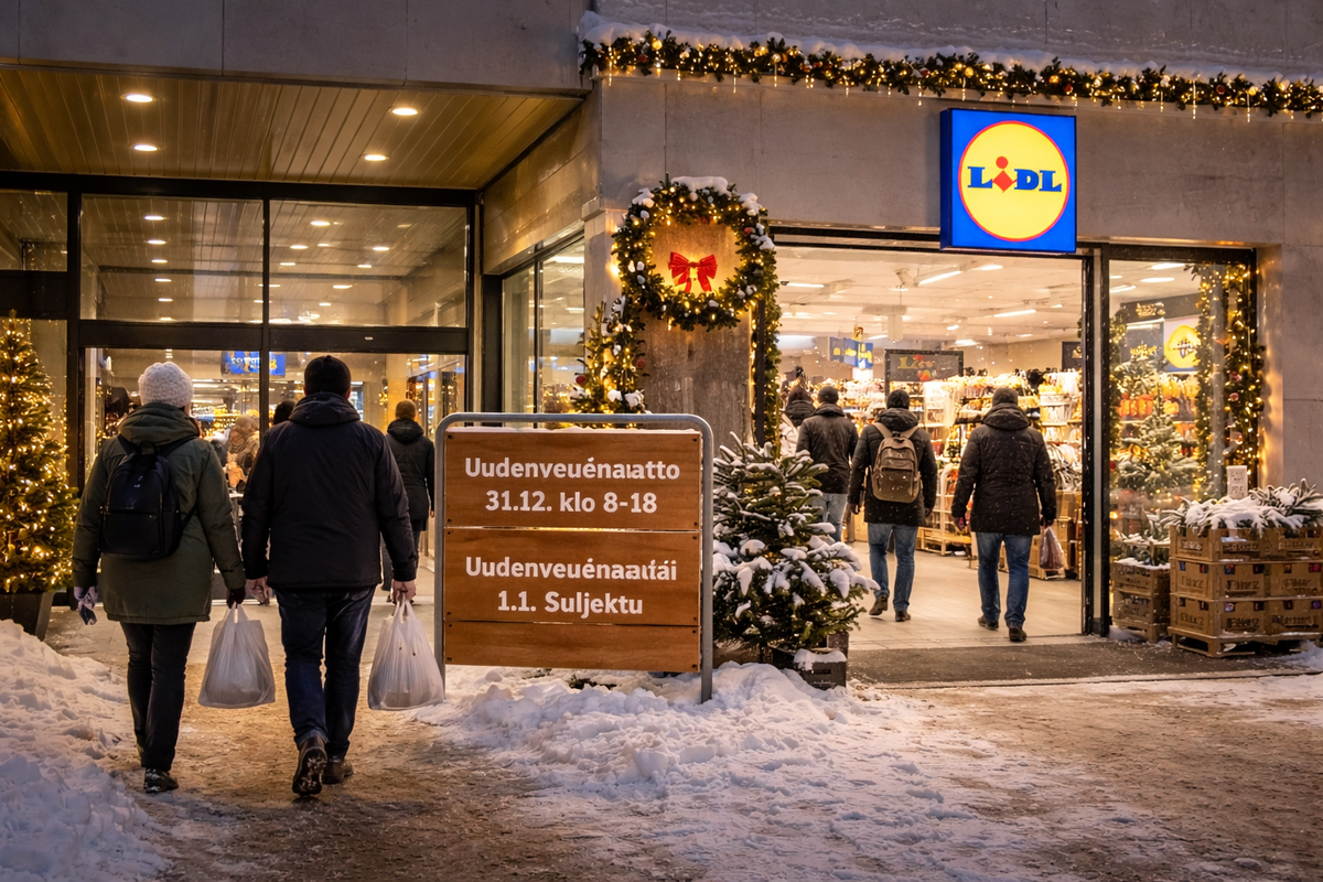 Snowy holiday shopping evening in Finland with warm-lit supermarket entrance.