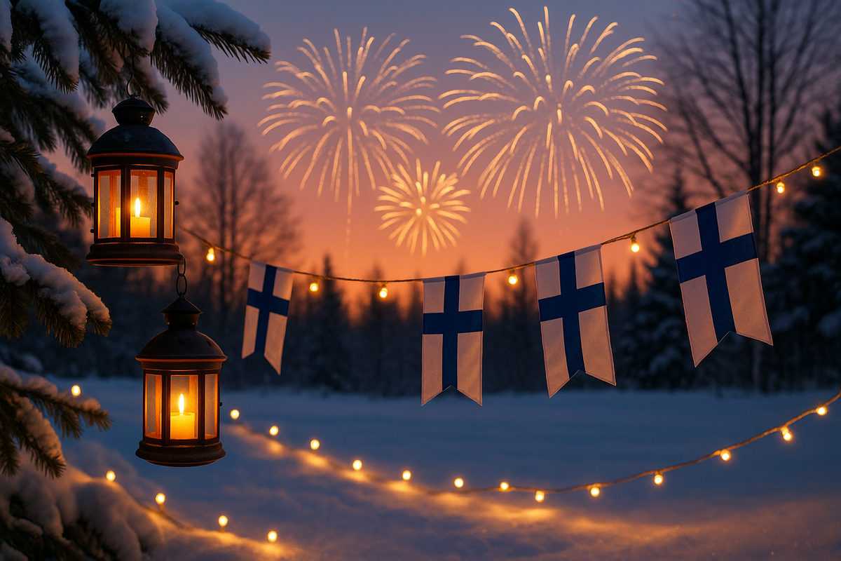 Winter lanterns and fireworks capture Finland’s festive holiday season mood.