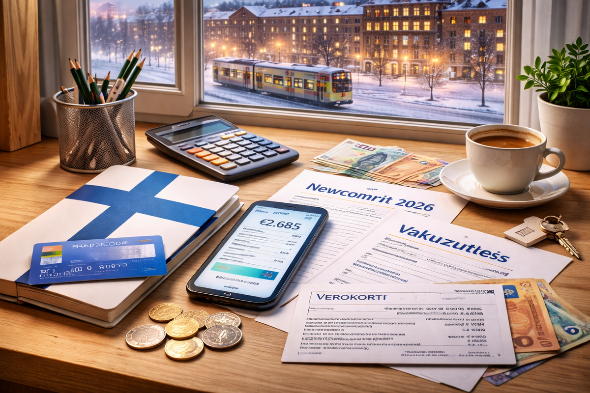 Cozy Helsinki desk scene with budgeting tools, bank card, and paperwork.