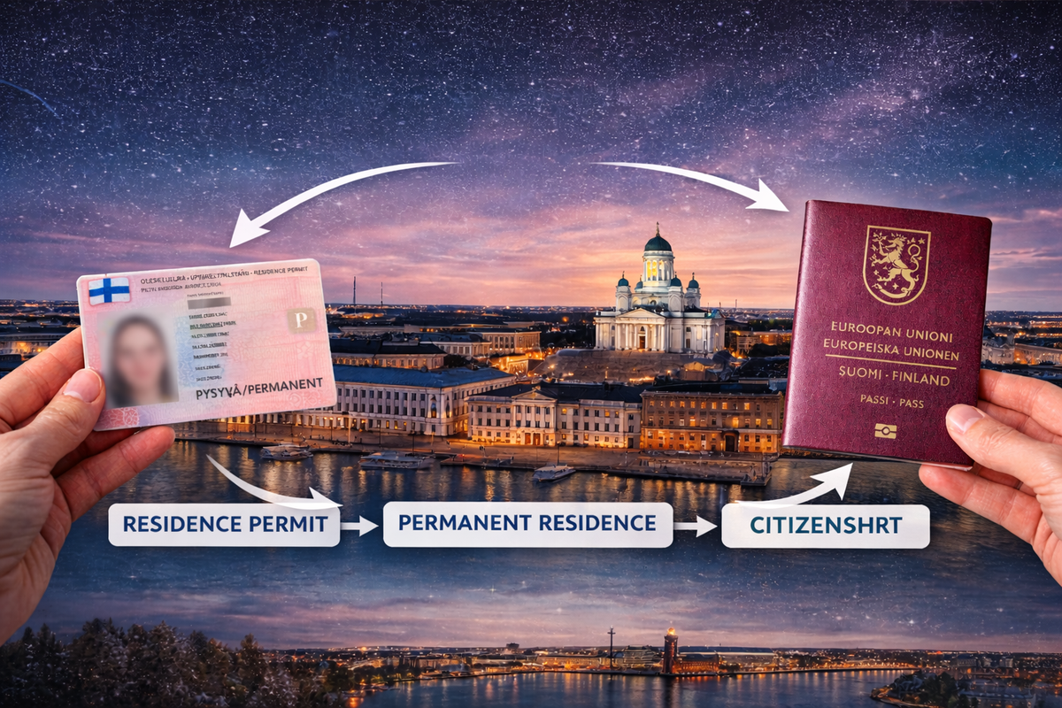 Helsinki at dusk symbolizing the long path from permit to passport.