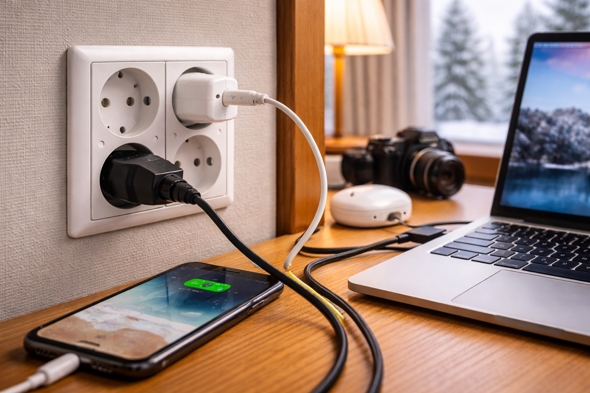 Charging devices safely in Finland with 230V Type C/F outlets.