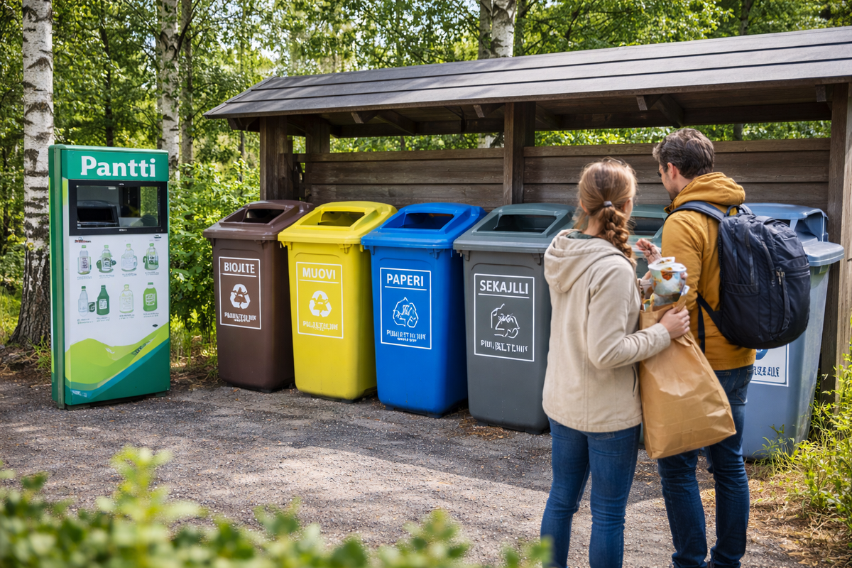 Sorting waste in Finland with clear bins and bottle deposit returns.