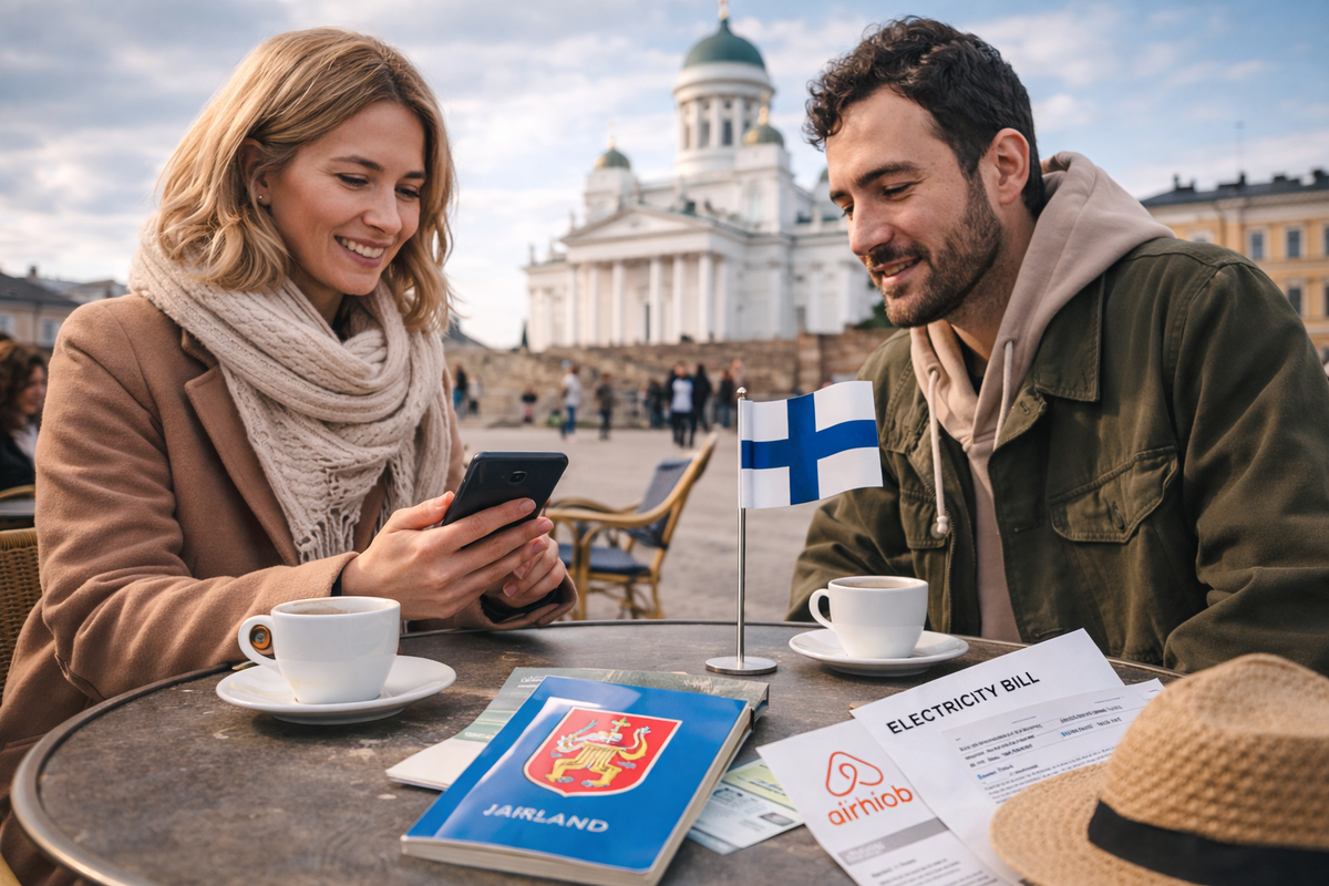 Tourists review receipts and rules at a Helsinki café.
