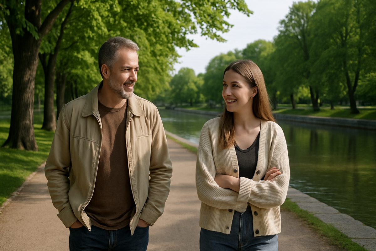 An everyday Finnish park scene with a short calm conversation along a path by the water.