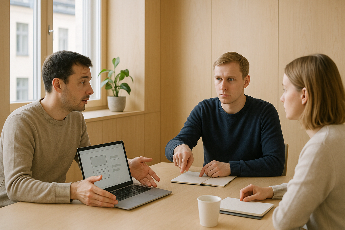 A Finnish team exchanges concise proposals and direct feedback, emphasizing action over rhetoric.