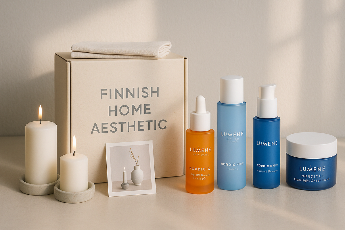 A minimalist Nordic vanity scene showcases a curated Finnish home-aesthetic set alongside popular Lumene skincare products.