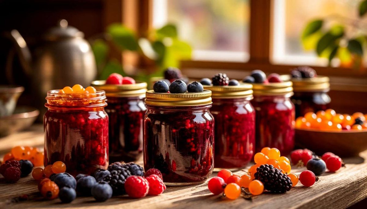 Beautiful jars of Finnish blueberry, lingonberry, cloudberry, sea buckthorn and blackberry jams sit on a wooden table surrounded by fresh berries and warm light.