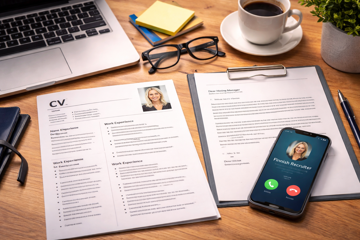 Clean desk with CV, cover letter, and first recruiter call.
