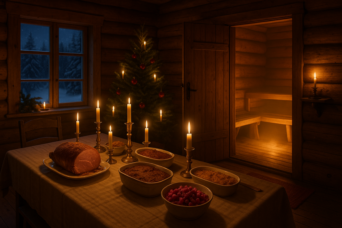 A warm Finnish home on Christmas Eve with a traditional joulupöytä and sauna glow.
