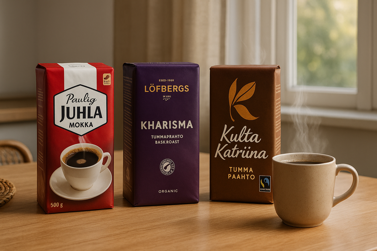 Three well-known Finnish coffee brands sit on a cozy kitchen table beside a steaming mug, celebrating Finland’s love for high-quality everyday coffee.
