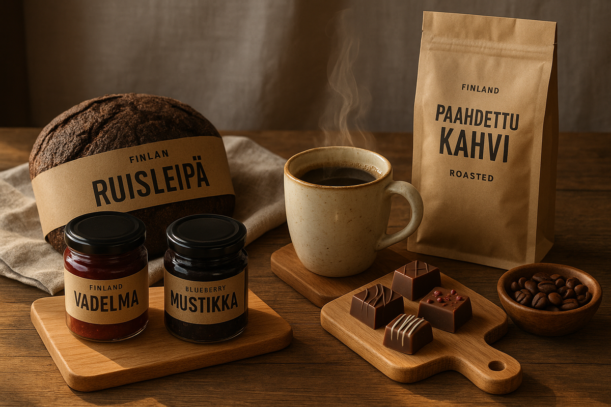 A selection of authentic Finnish edible gifts—coffee, jams, chocolate and rye bread—sits on a cozy table, ready to delight any adult recipient.