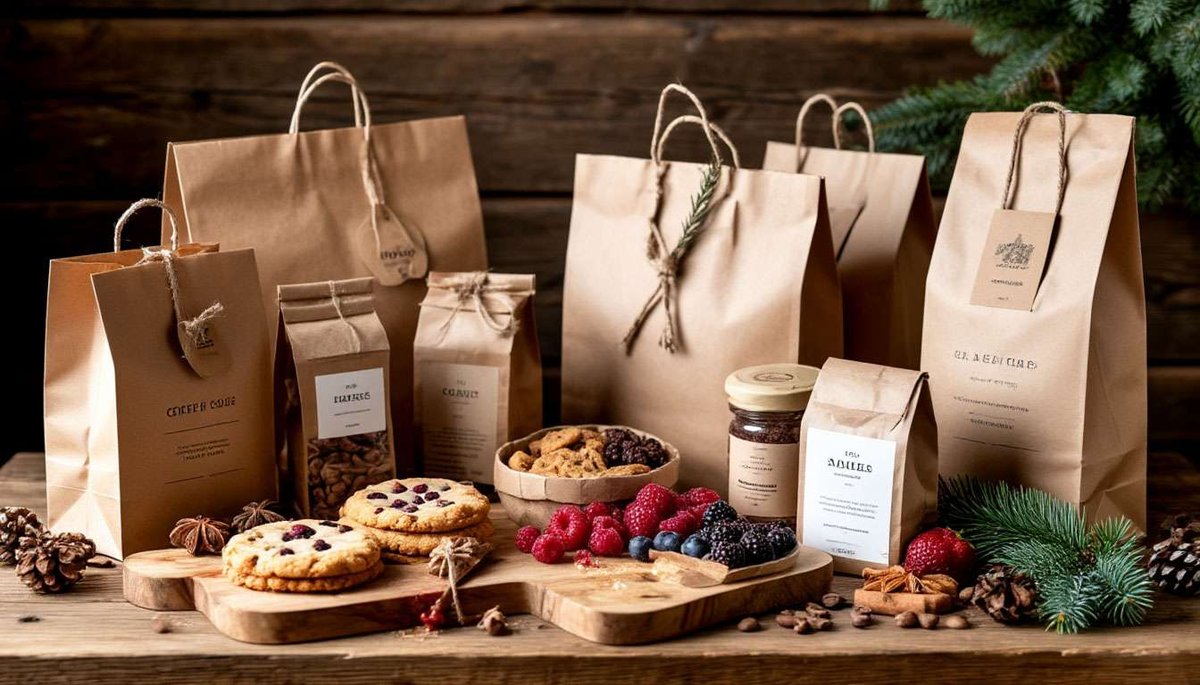 Craft bags, spruce, ribbons and themed food sets show how Finnish-style gift wrapping turns simple products into thoughtful presents.