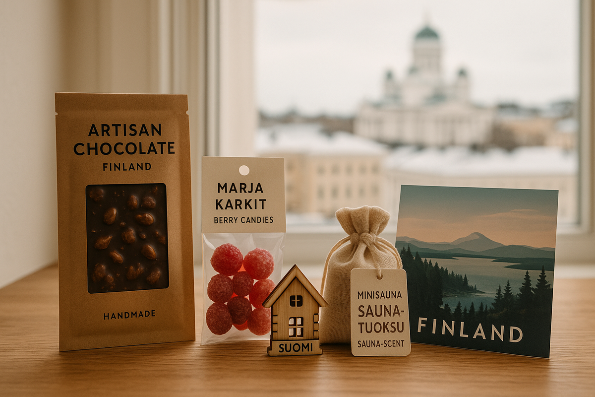 A simple selection of small Finnish gifts under ten euros is arranged on a wooden table, perfect for colleagues, neighbors or casual acquaintances.
