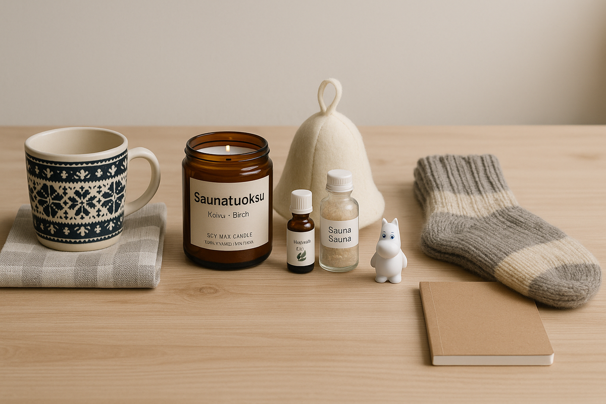 A curated selection of cozy home items, small sauna products and simple Finnish gifts for kids and teens sits neatly arranged as affordable options under twenty euros.