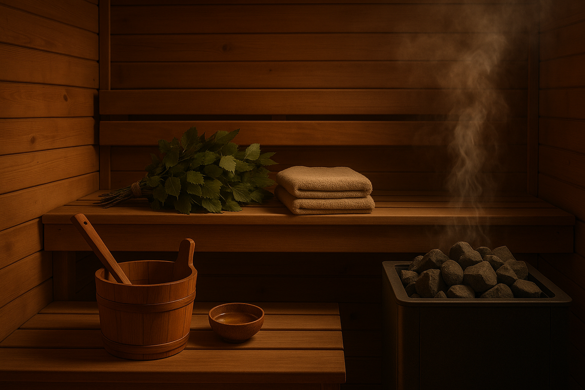 A peaceful Finnish home sauna displays authentic essentials like a kiuas, birch whisks, towels and natural oils arranged for a genuine wellness ritual.