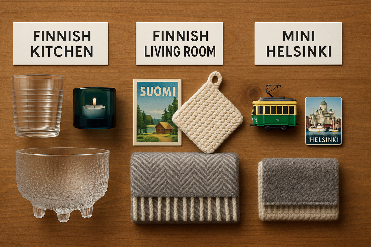 Three small themed Finnish gift sets—kitchen, living room and mini Helsinki—are arranged neatly on a wooden table with soft Nordic light.