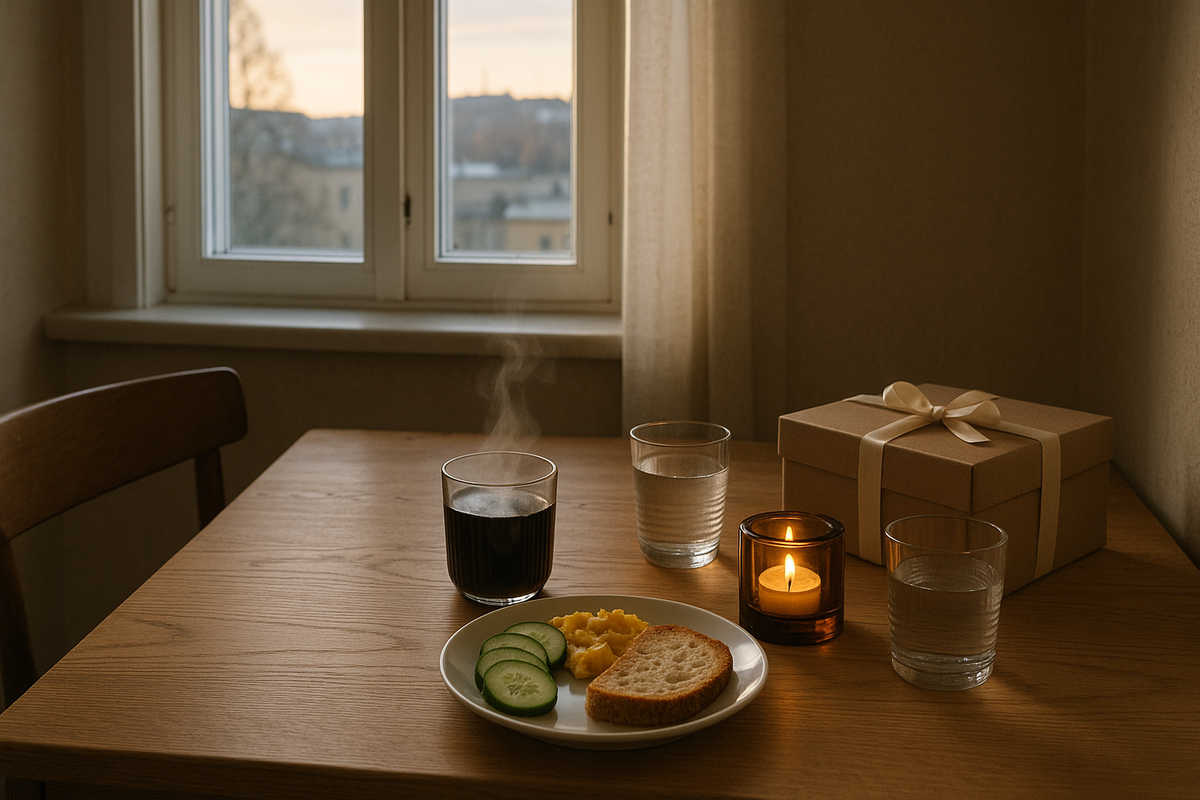 A quiet Finnish kitchen table is set with iconic Iittala glassware, a simple breakfast and a small candle, creating a gentle morning café feeling at home.