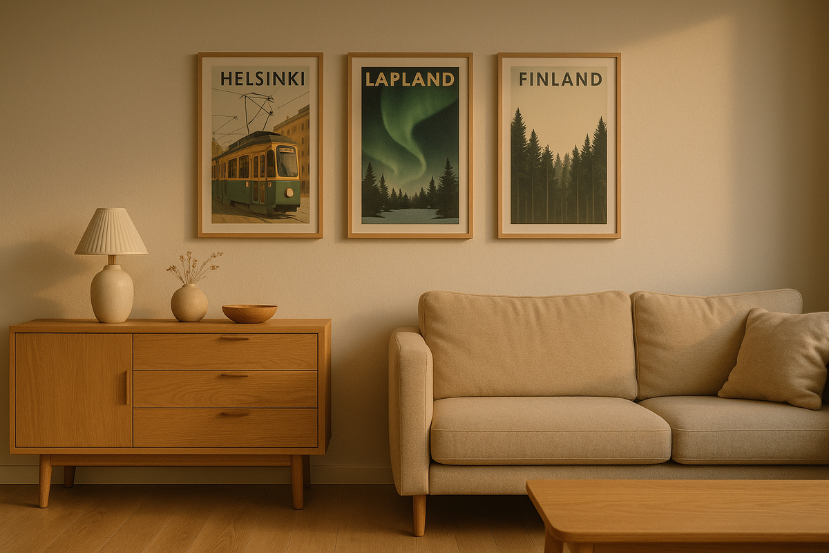 A cozy Finnish living room displays simple posters of trams, northern lights and forests, bringing quiet Nordic character into the space.