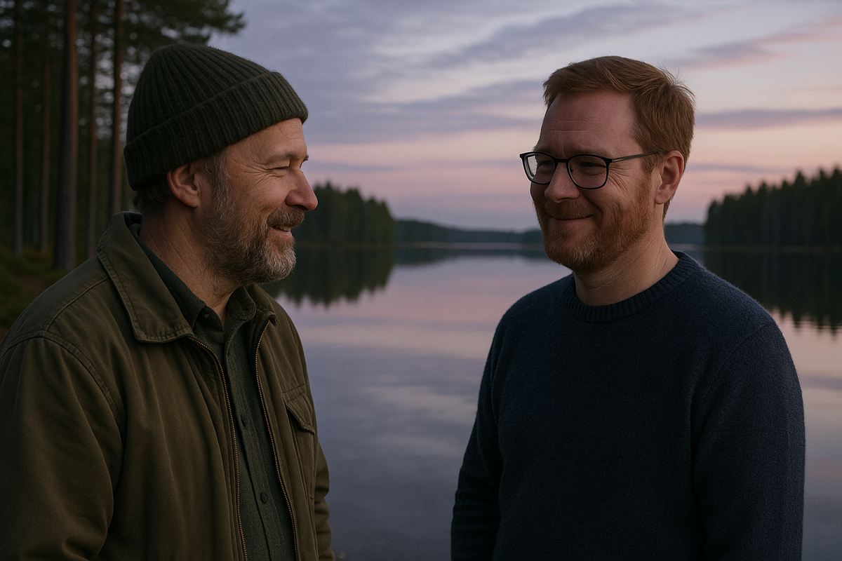 Two friends share a gentle, calm joke by a Finnish lake at sunset, capturing the essence of Finnish quiet humor without sarcasm or harsh emotions. The atmosphere emphasizes friendliness, naturalness, and observation.