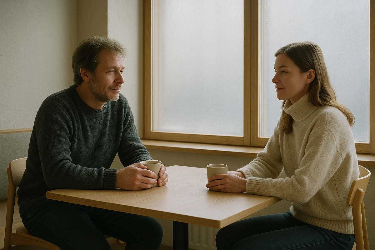 Two people sit in a Finnish café, calmly sharing a natural pause in conversation, reflecting the cultural perception of silence as respect and attention. Soft northern light and minimalist aesthetics enhance the warm atmosphere.
