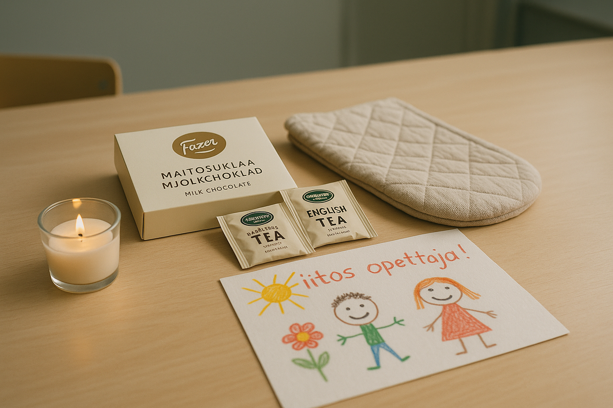 A selection of modest, thoughtful gifts typically given to teachers in Finland—candles, chocolates, tea, small home items and a child’s card—rests on a classroom table.